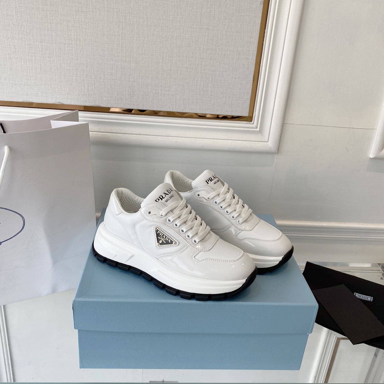 Prada Prax 01 Re-Nylon And Brushed Sneakers White For Women 1.8in/45mm PRD 2EE369_3LF5_F0009_F_G000