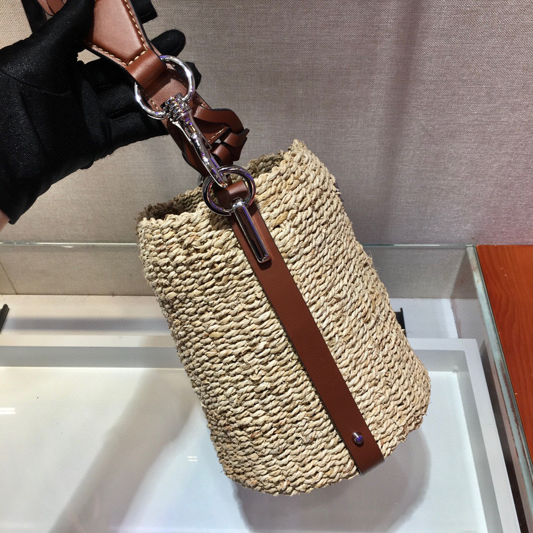 Prada Raffia Straw Bucket Bag In Beige For Women 9.8in/ 25cm