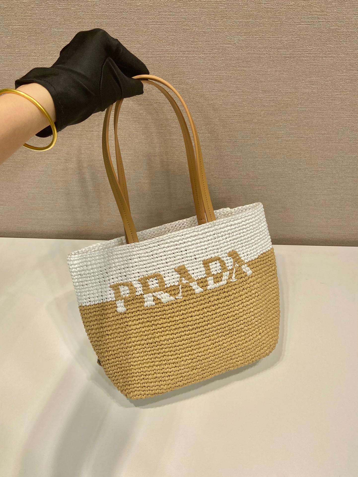 Prada Raffia Tote Bag Beige For Women 9.1in/23m
