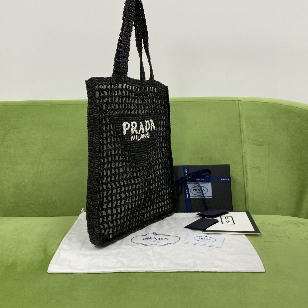 Prada Raffia Tote Bag Black For Women, Women’s Bags 14.9in/38cm 1BG393_2A2T_F0002_V_OOO