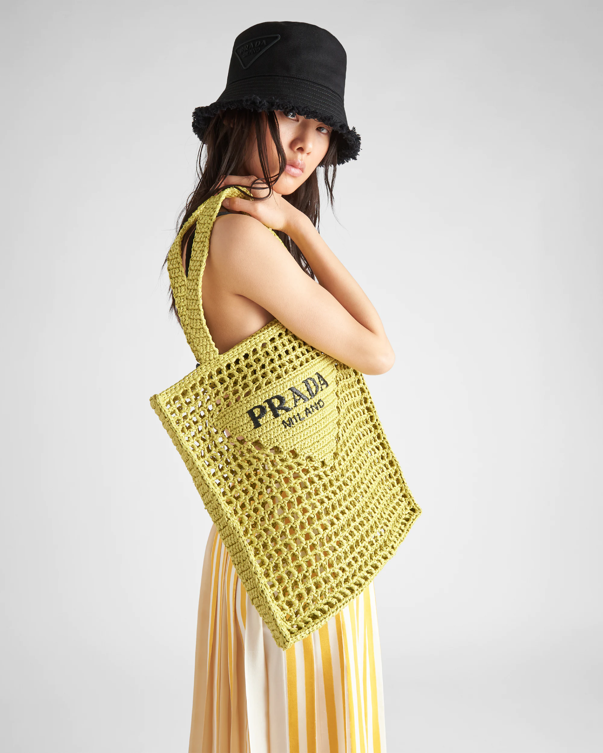 Prada Raffia Tote Bag Citron yellow For Women 1BG393_2A2T_F0322_V_OOO 14.9in/38cm