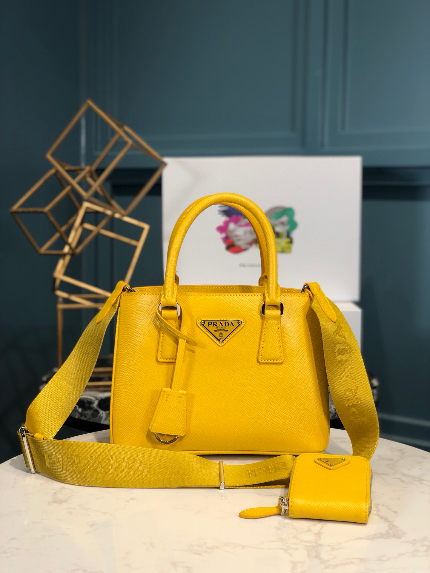 Prada Saffiano Lux Galleria In Yellow For Women 9in/ 23cm