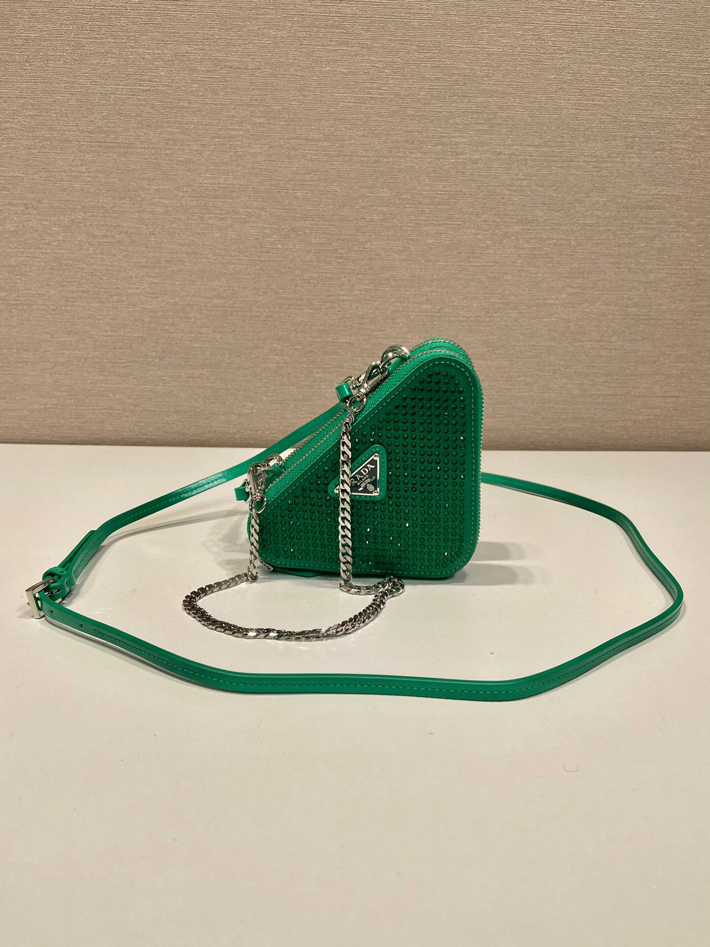 Prada Saffiano Mini Pouch With Sparkling Stone In Green For Women 5.9in/ 15cm