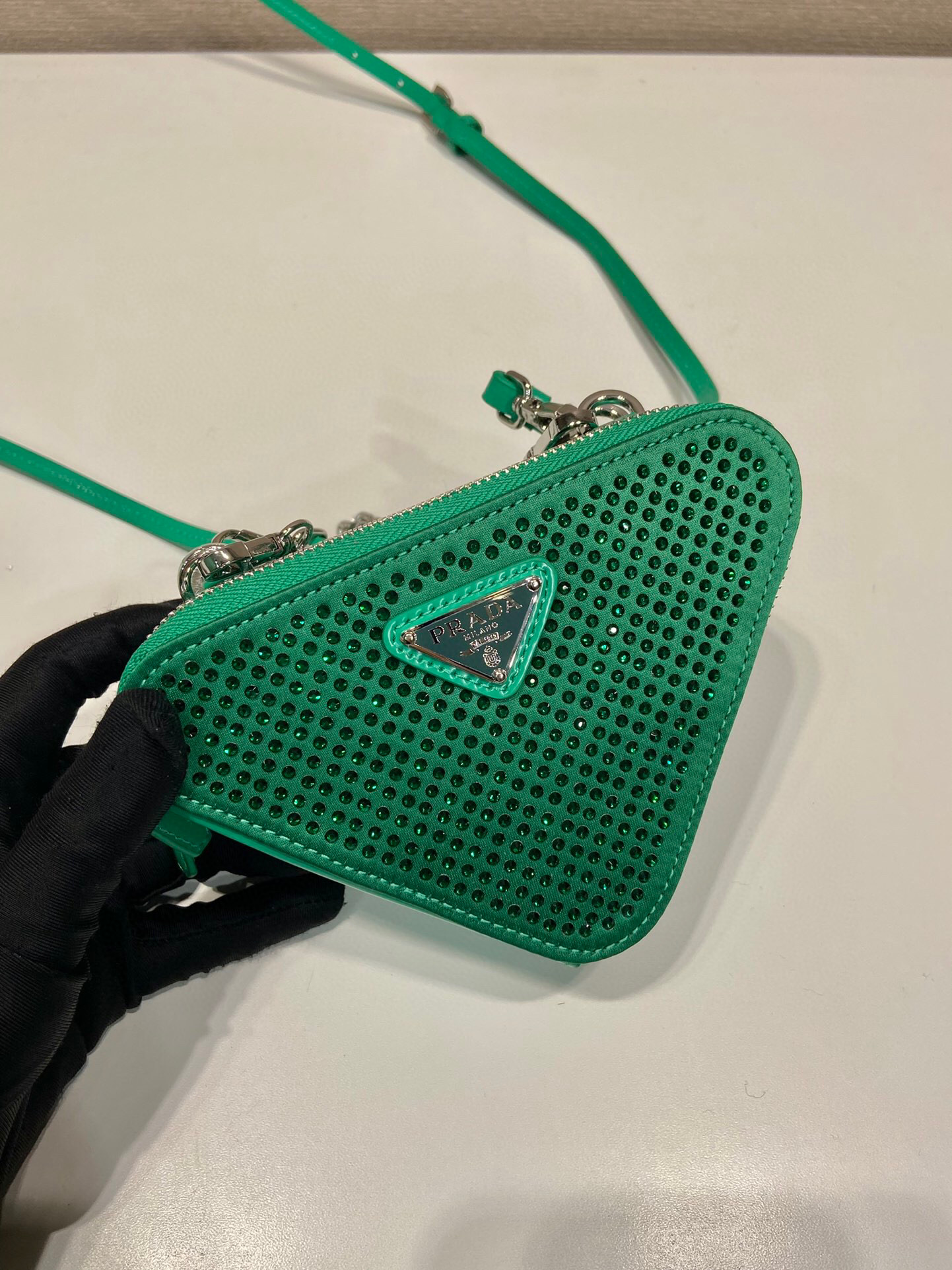 Prada Saffiano Mini Pouch With Sparkling Stone In Green For Women 5.9in/ 15cm