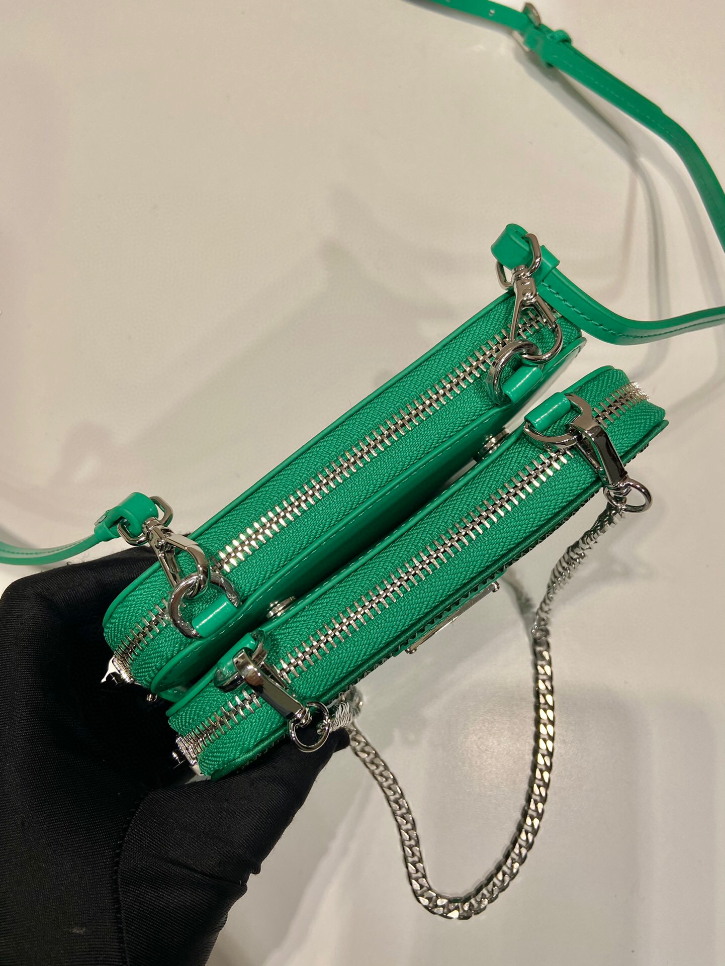 Prada Saffiano Mini Pouch With Sparkling Stone In Green For Women 5.9in/ 15cm