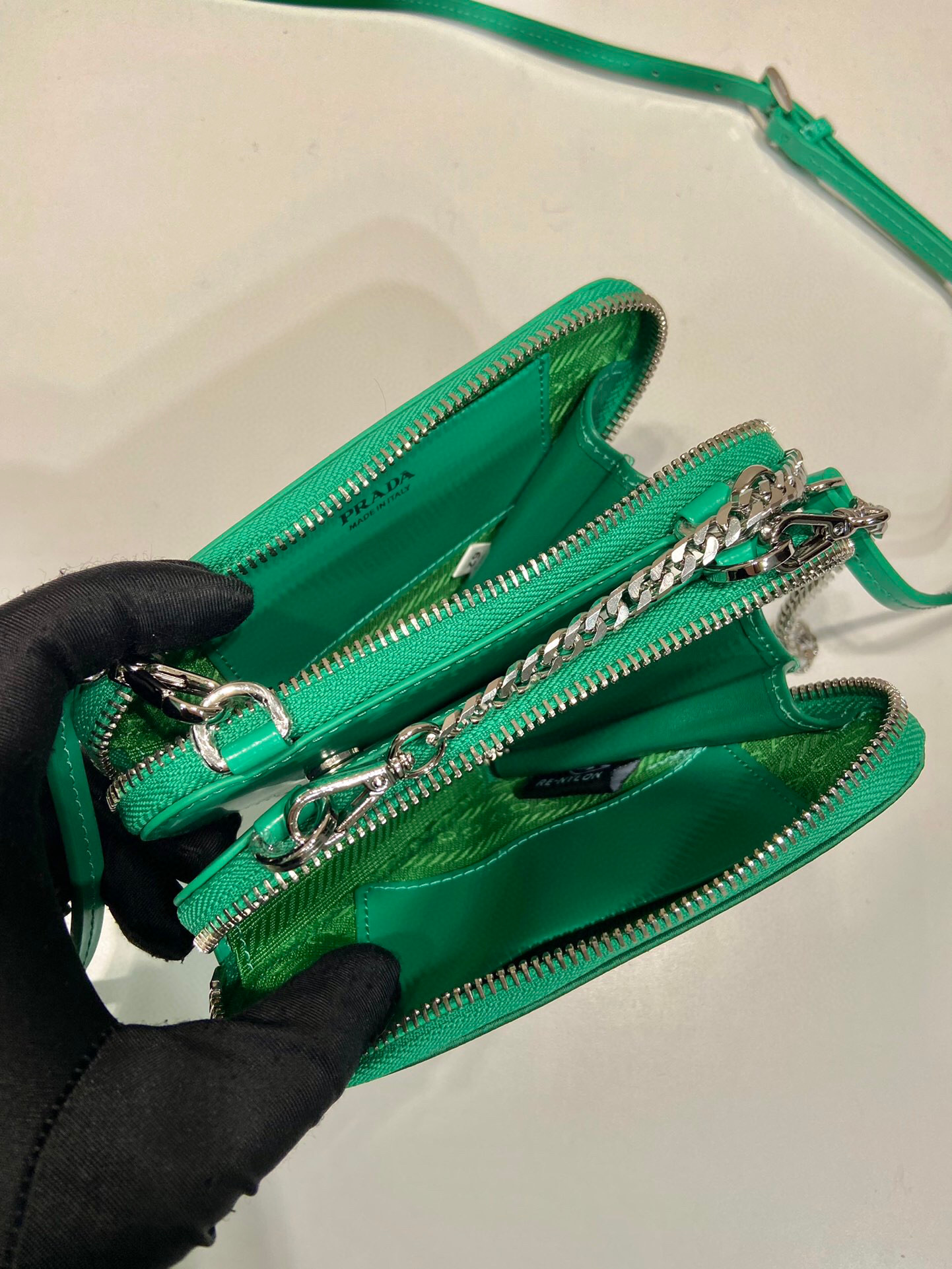 Prada Saffiano Mini Pouch With Sparkling Stone In Green For Women 5.9in/ 15cm