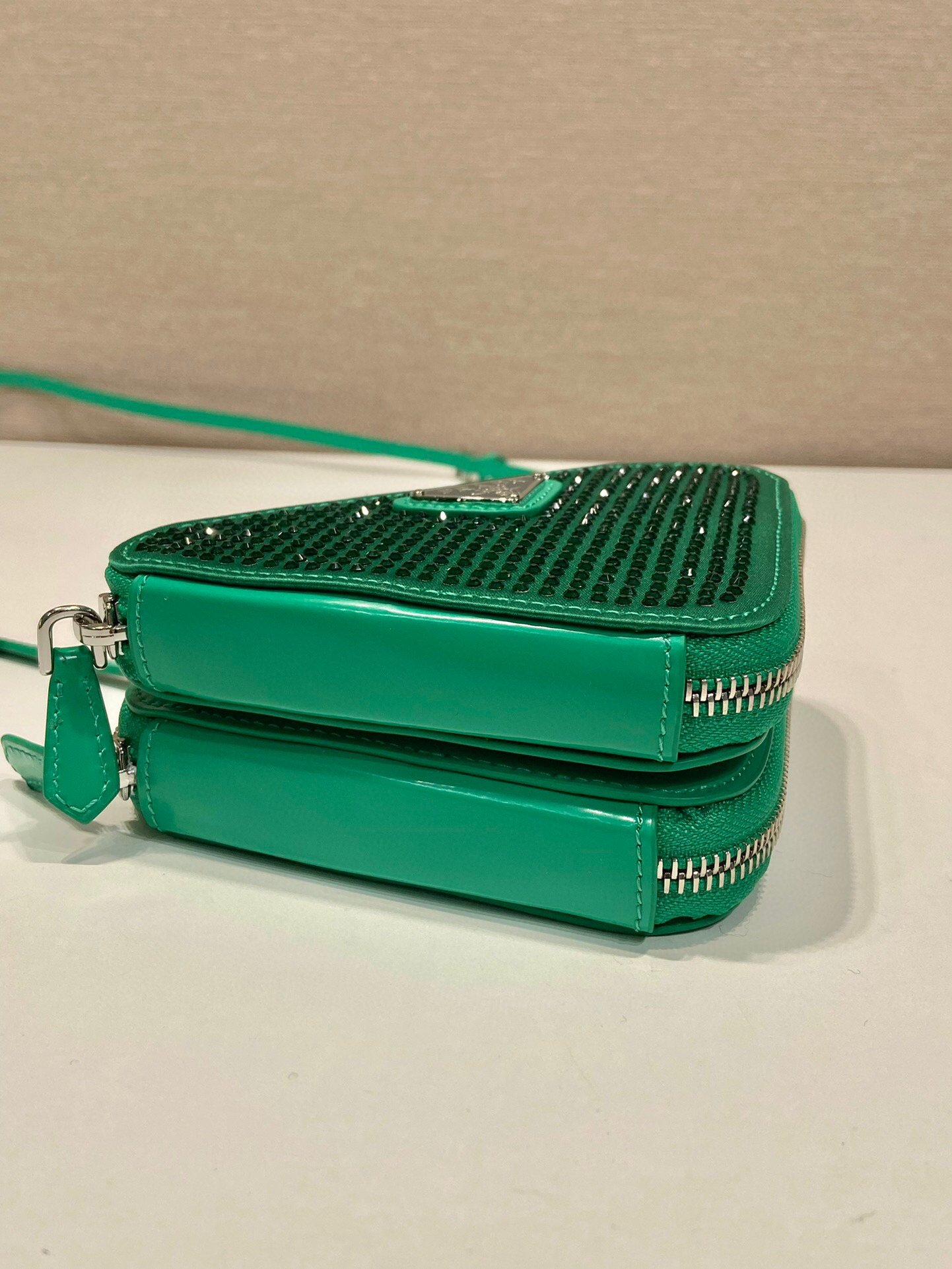 Prada Saffiano Mini Pouch With Sparkling Stone In Green For Women 5.9in/ 15cm