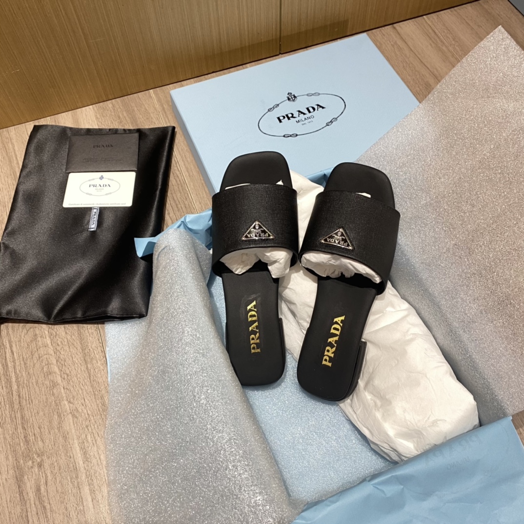 Prada Saffiano Slides Black For Women 0.4in/10mm PRD 1XX627_053_F0002_F_010