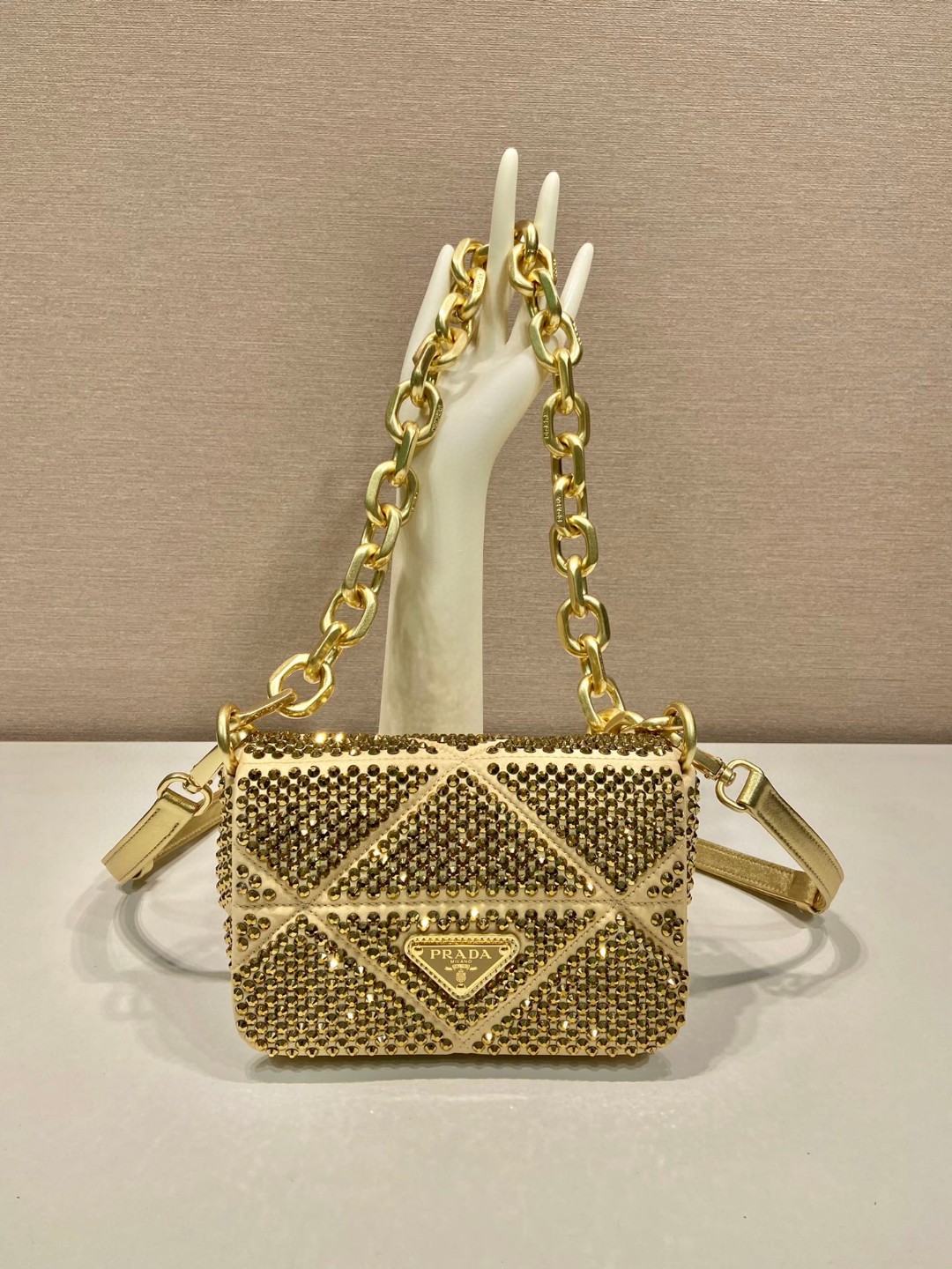 Prada Satin Mini-Bag With Crystals Gold Tone/ Sliver Tone For Women 6.7 in / 17 cm 1BD329_2AWL_F0522_V_QOO