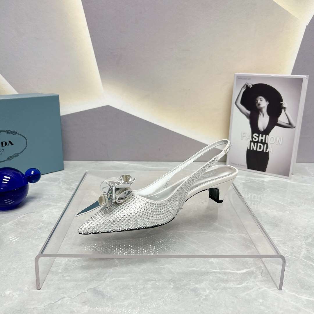 Prada Satin Slingbacks With Crystals Silver For Women