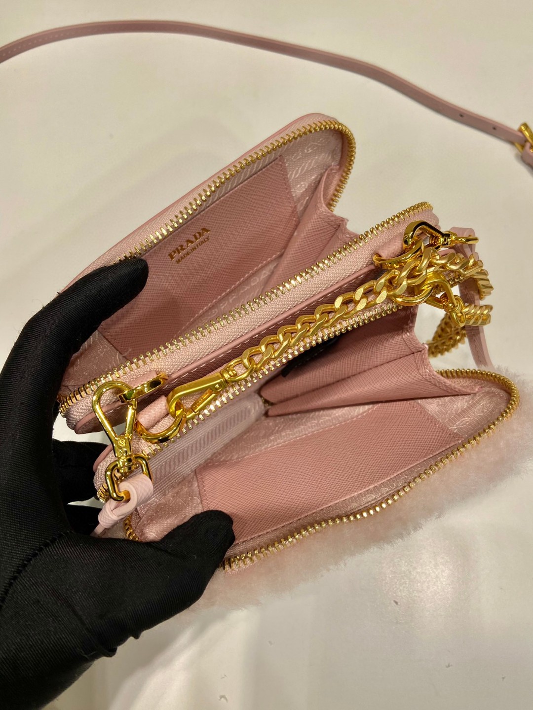Prada Shearling And Saffiano Mini-Pouch Pink/ Yellow/Grey For Women 5.9 in / 15 cm 1NR015_2ECY_F0615