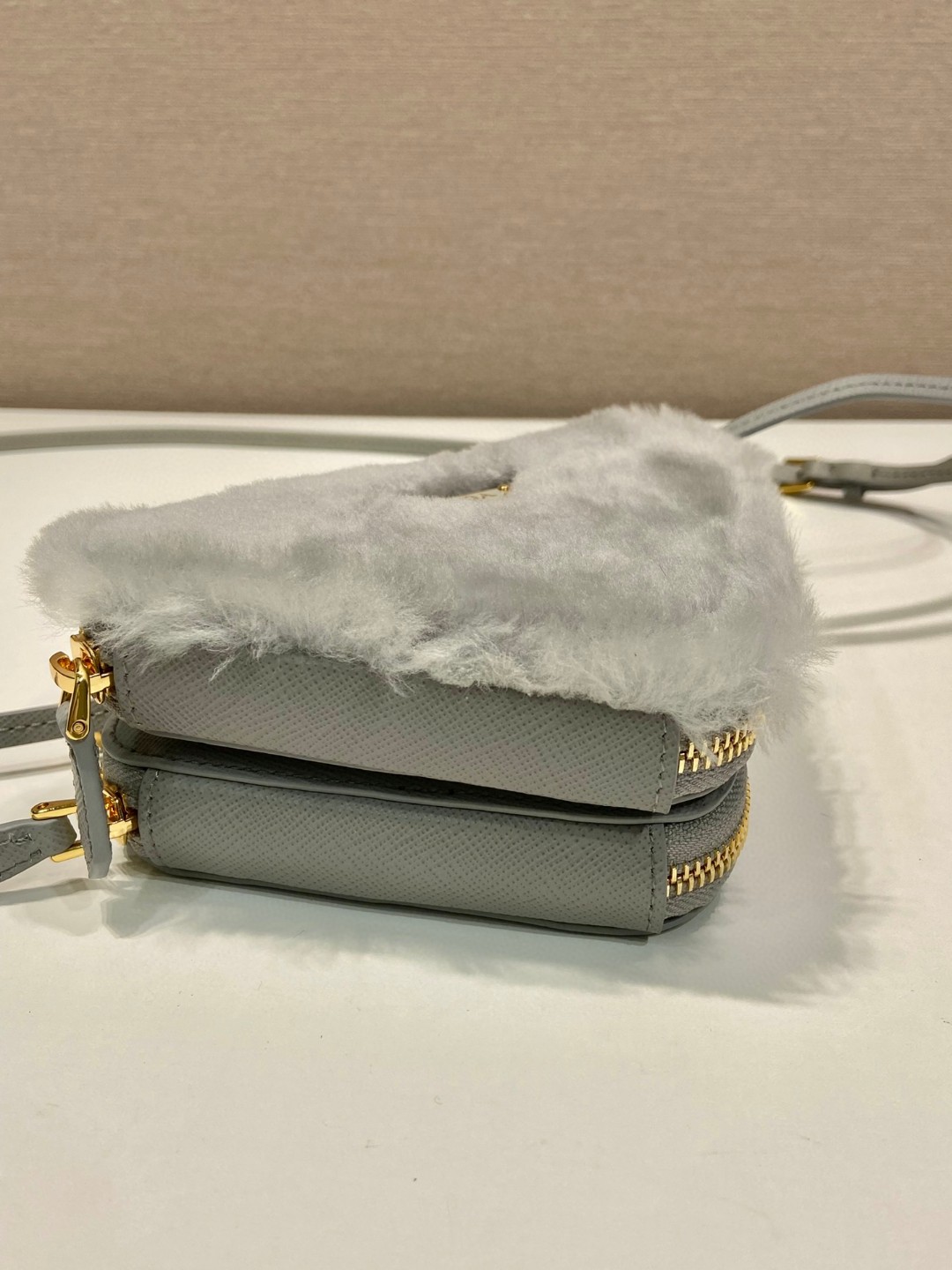 Prada Shearling And Saffiano Mini-Pouch Pink/ Yellow/Grey For Women 5.9 in / 15 cm 1NR015_2ECY_F0615