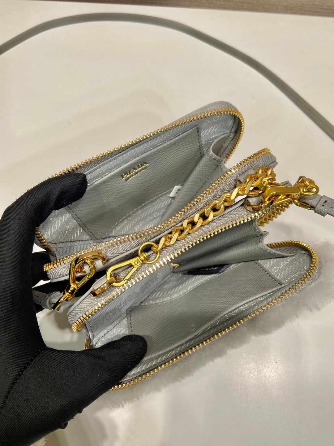 Prada Shearling And Saffiano Mini-Pouch Pink/ Yellow/Grey For Women 5.9 in / 15 cm 1NR015_2ECY_F0615