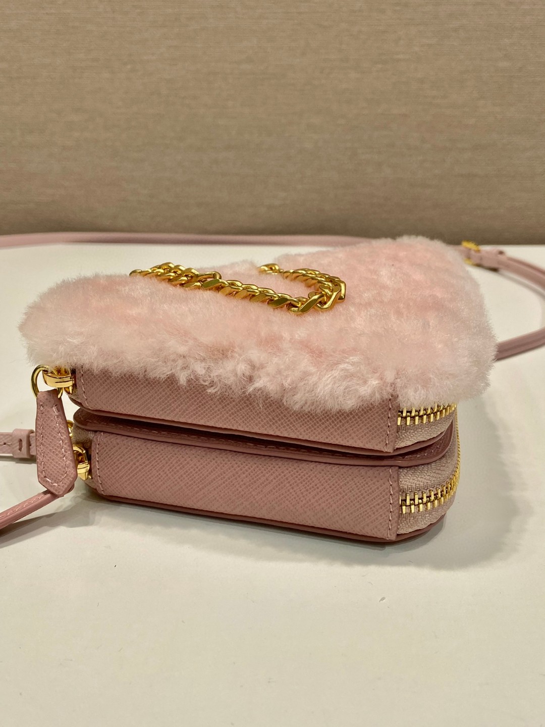 Prada Shearling And Saffiano Mini-Pouch Pink/ Yellow/Grey For Women 5.9 in / 15 cm 1NR015_2ECY_F0615