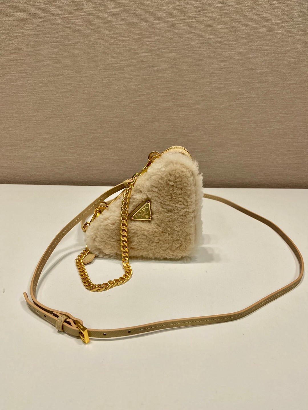 Prada Shearling And Saffiano Mini-Pouch Pink/ Yellow/Grey For Women 5.9 in / 15 cm 1NR015_2ECY_F0615