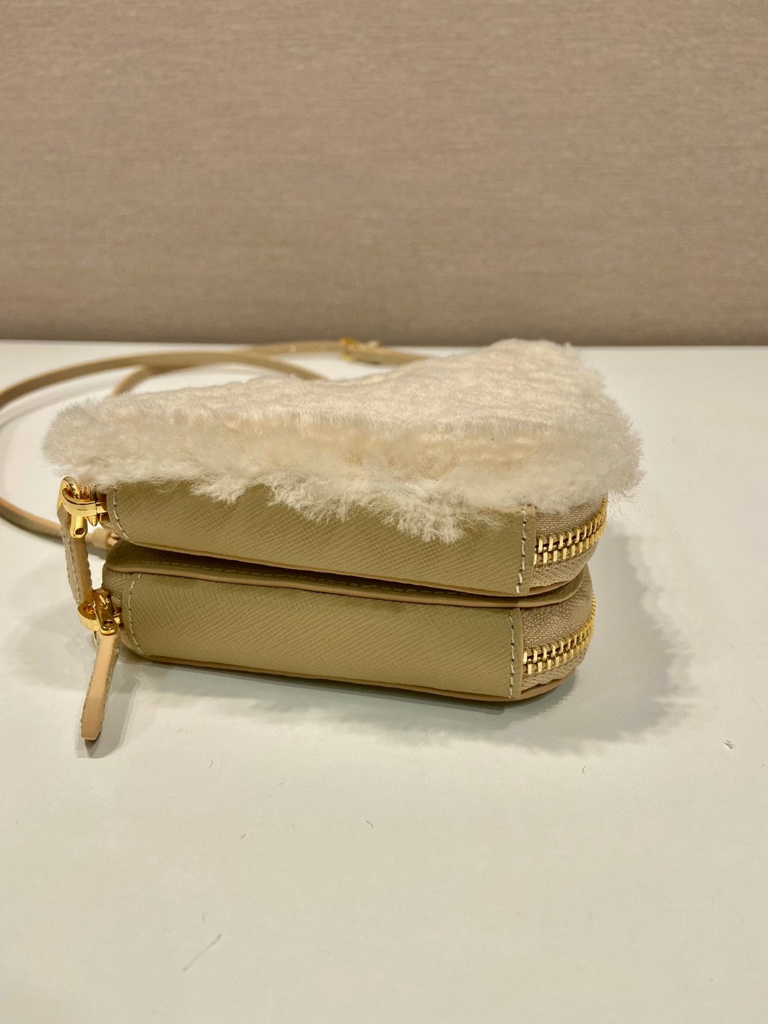 Prada Shearling And Saffiano Mini-Pouch Pink/ Yellow/Grey For Women 5.9 in / 15 cm 1NR015_2ECY_F0615