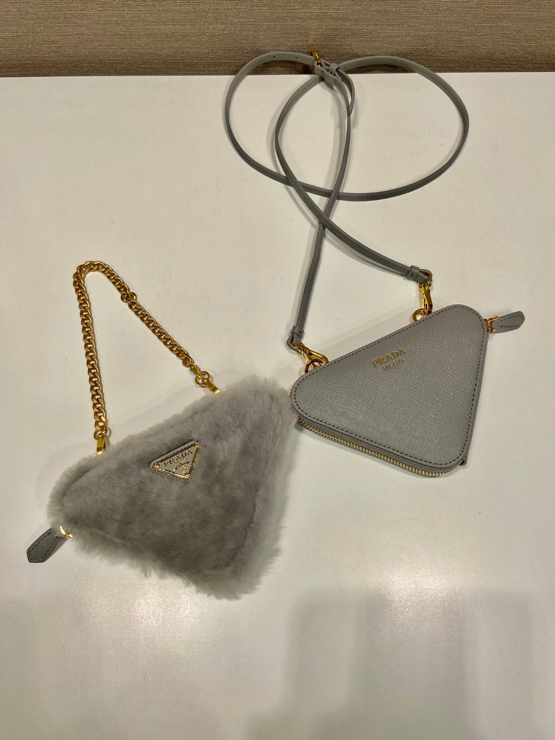 Prada Shearling And Saffiano Mini-Pouch Pink/ Yellow/Grey For Women 5.9 in / 15 cm 1NR015_2ECY_F0615