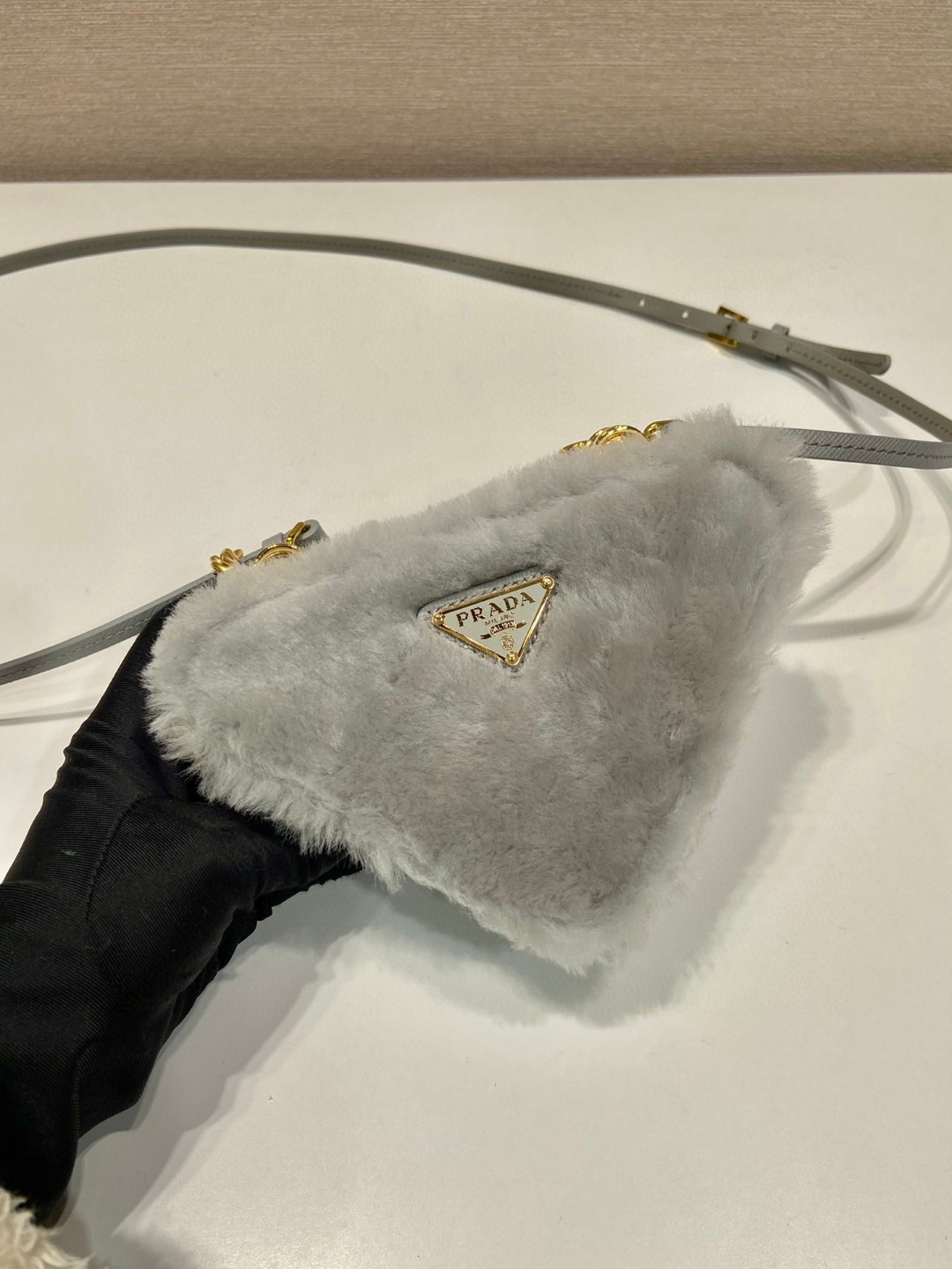 Prada Shearling And Saffiano Mini-Pouch Pink/ Yellow/Grey For Women 5.9 in / 15 cm 1NR015_2ECY_F0615