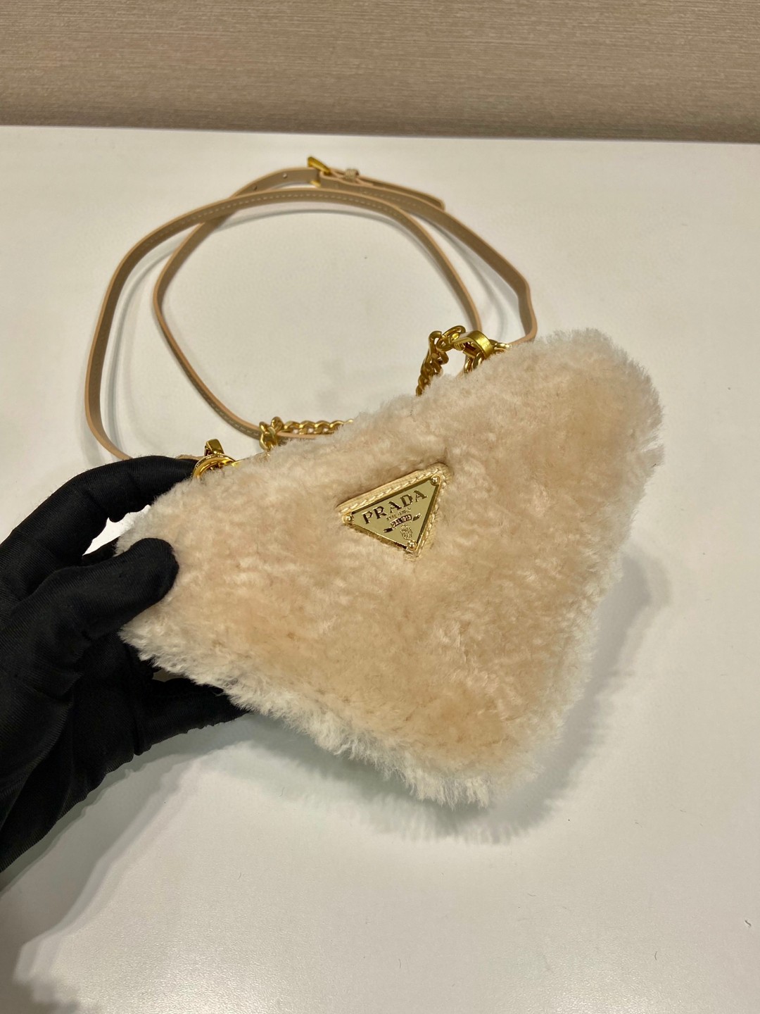 Prada Shearling And Saffiano Mini-Pouch Pink/ Yellow/Grey For Women 5.9 in / 15 cm 1NR015_2ECY_F0615