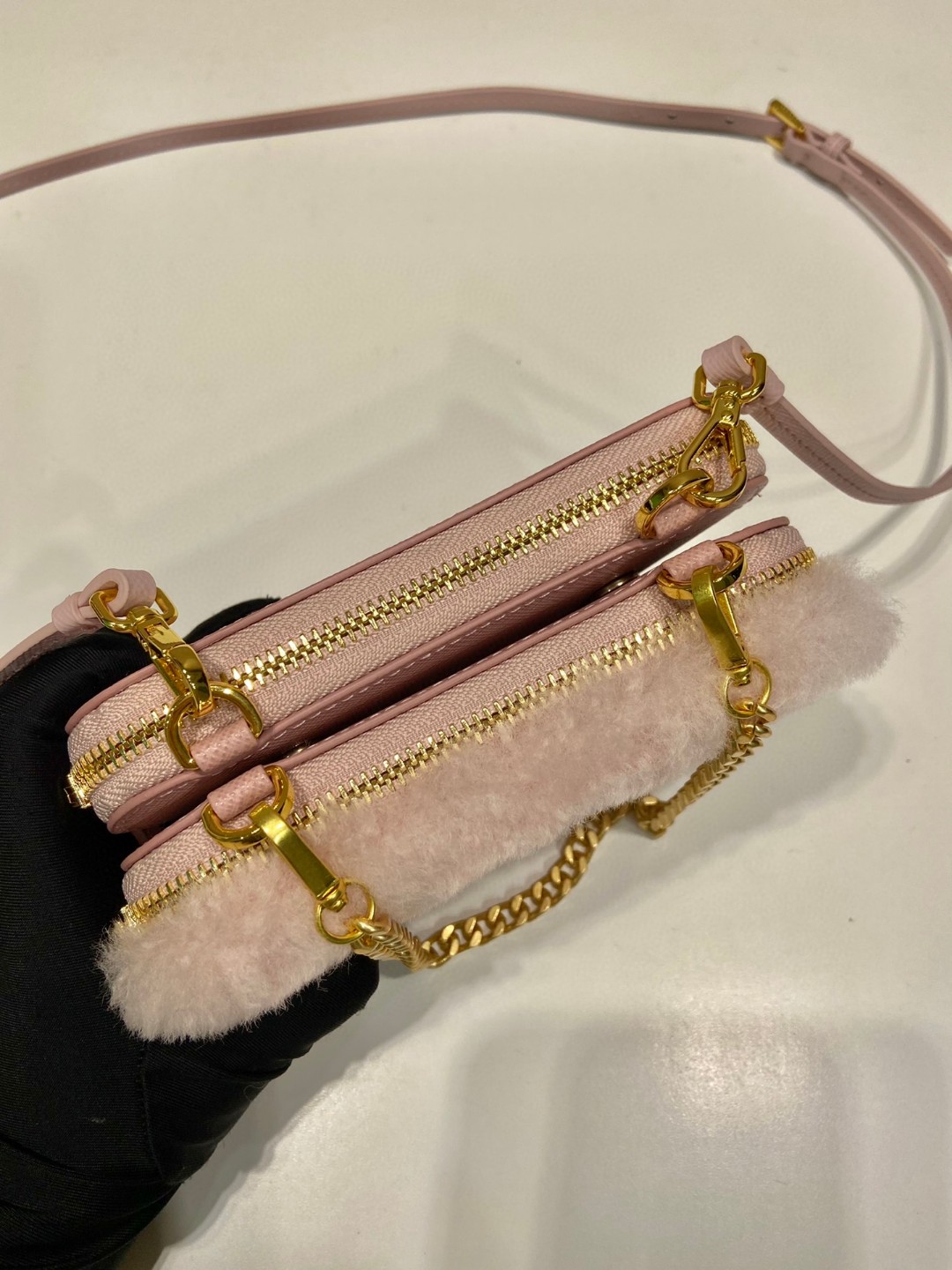 Prada Shearling And Saffiano Mini-Pouch Pink/ Yellow/Grey For Women 5.9 in / 15 cm 1NR015_2ECY_F0615