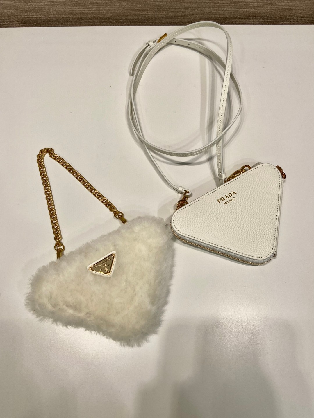 Prada Shearling And Saffiano Mini-Pouch White/ Black For Women 5.9 in / 15 cm 1NR015_2ECY_F0009