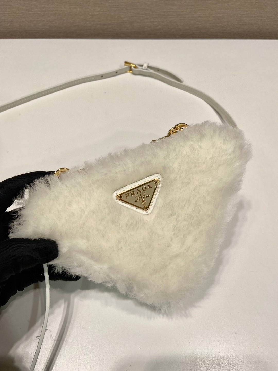 Prada Shearling And Saffiano Mini-Pouch White/ Black For Women 5.9 in / 15 cm 1NR015_2ECY_F0009