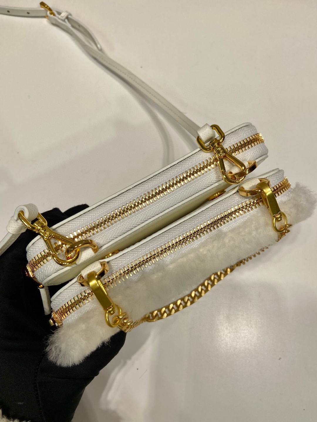 Prada Shearling And Saffiano Mini-Pouch White/ Black For Women 5.9 in / 15 cm 1NR015_2ECY_F0009