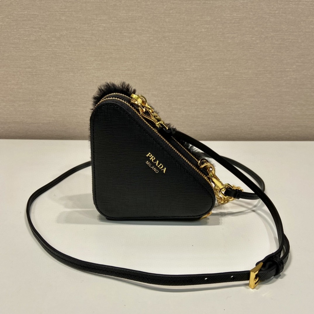 Prada Shearling And Saffiano Mini-Pouch White/ Black For Women 5.9 in / 15 cm 1NR015_2ECY_F0009
