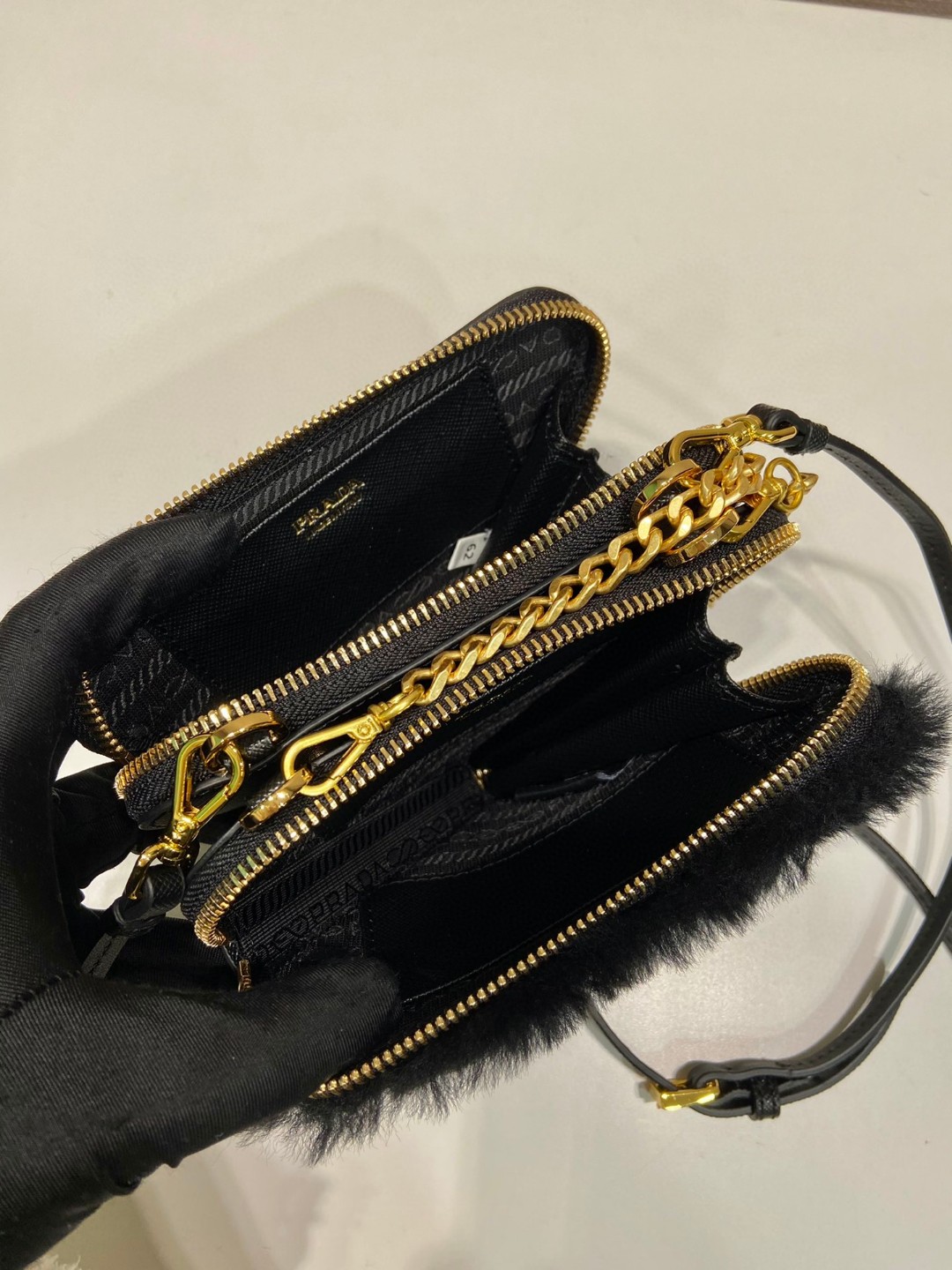 Prada Shearling And Saffiano Mini-Pouch White/ Black For Women 5.9 in / 15 cm 1NR015_2ECY_F0009