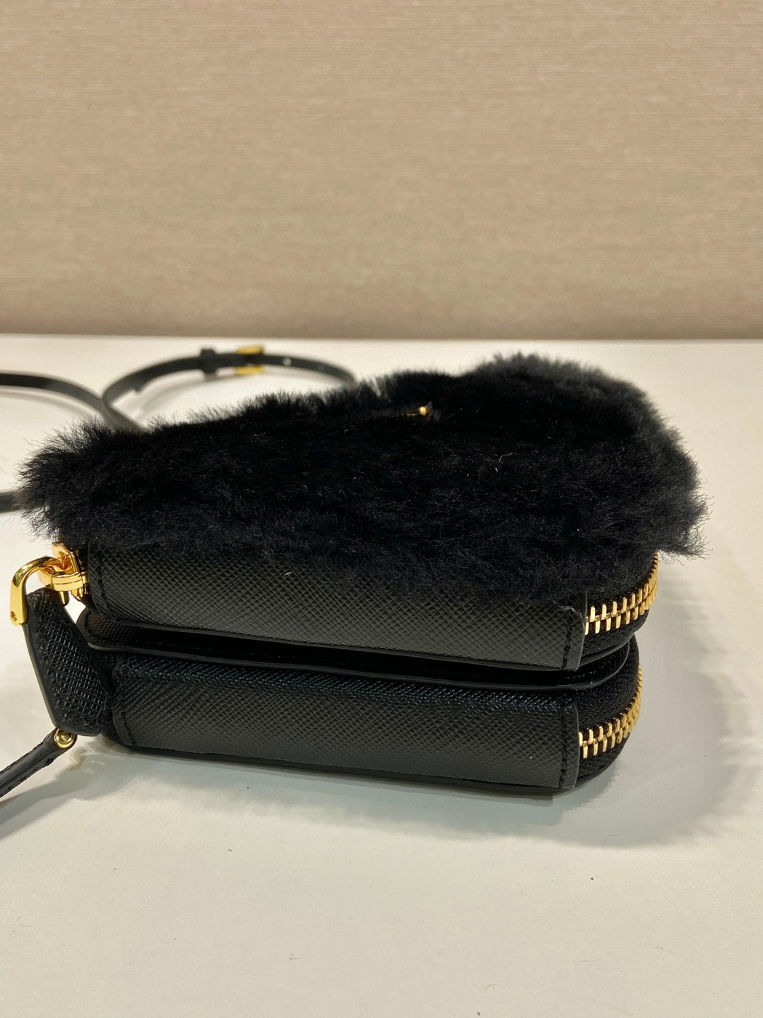 Prada Shearling And Saffiano Mini-Pouch White/ Black For Women 5.9 in / 15 cm 1NR015_2ECY_F0009