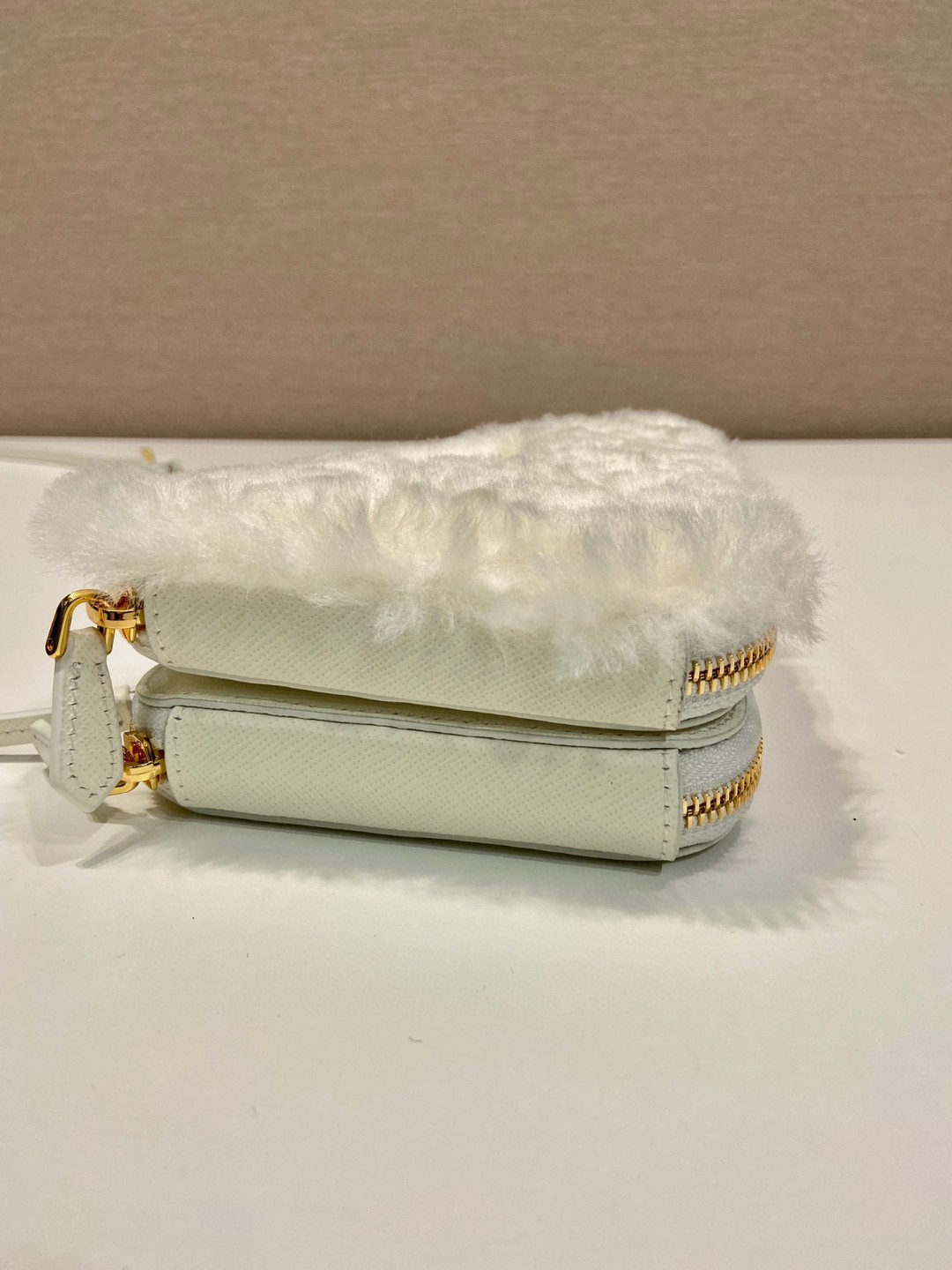 Prada Shearling And Saffiano Mini-Pouch White/ Black For Women 5.9 in / 15 cm 1NR015_2ECY_F0009