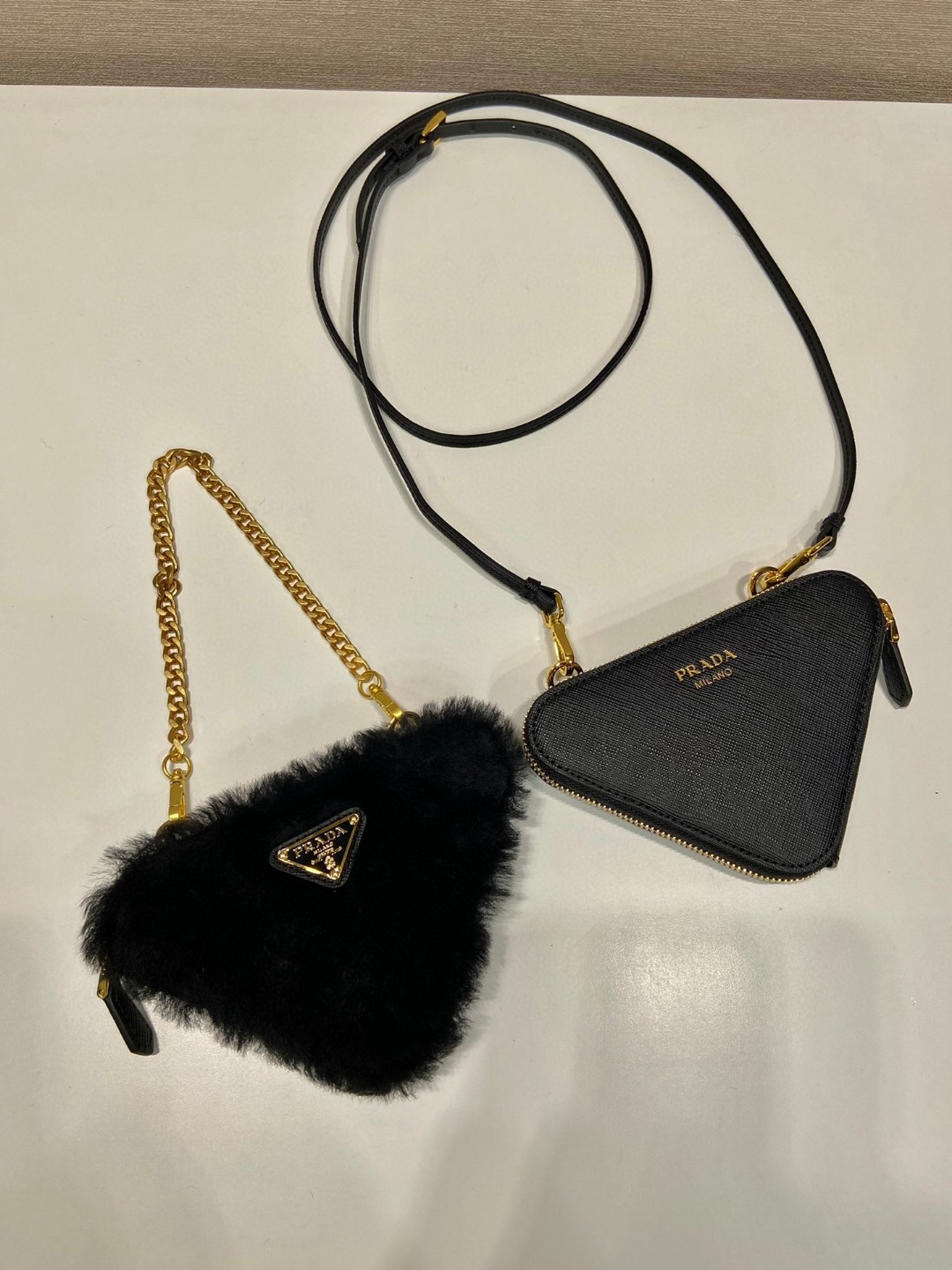 Prada Shearling And Saffiano Mini-Pouch White/ Black For Women 5.9 in / 15 cm 1NR015_2ECY_F0009