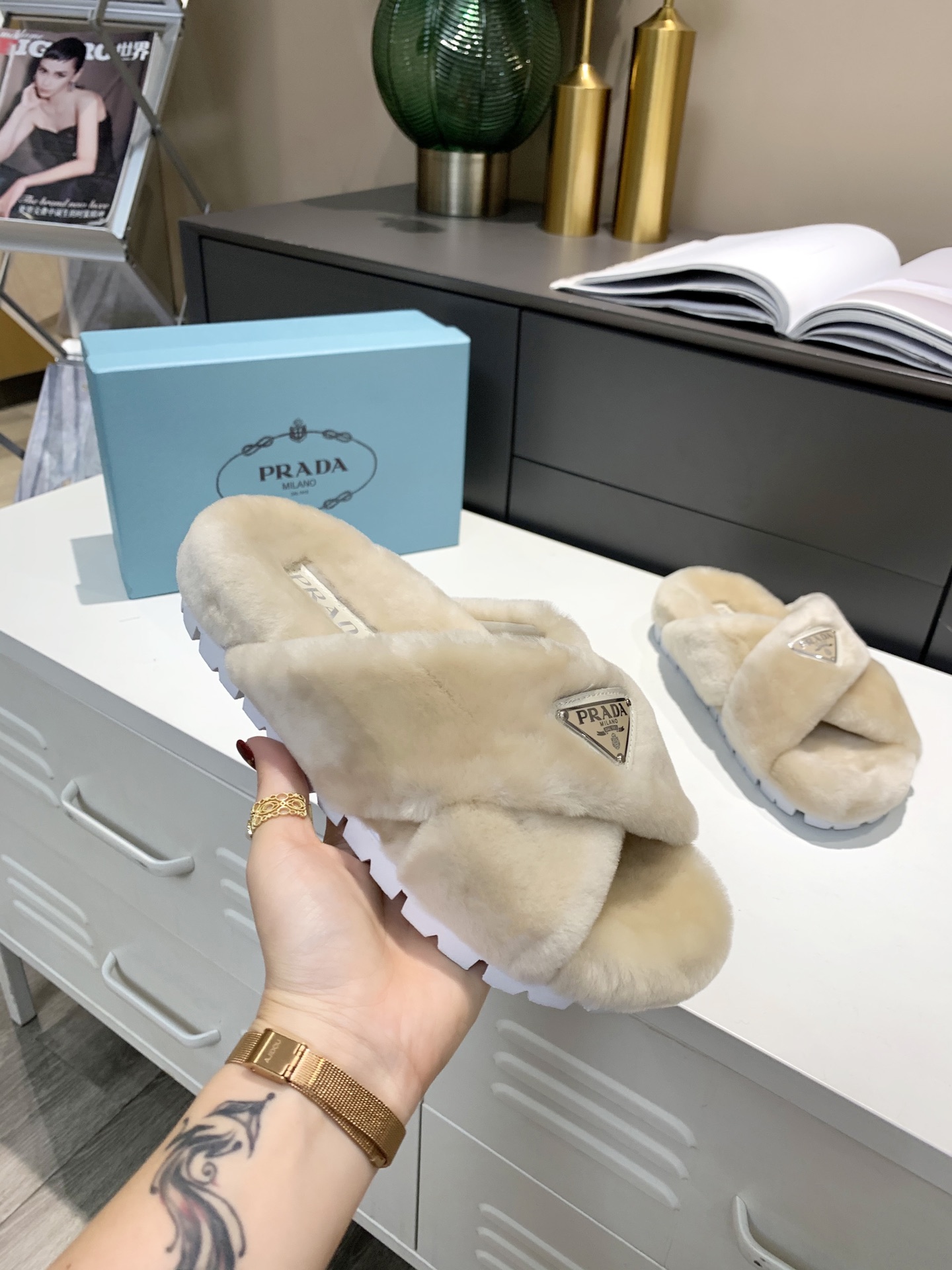Prada Shearling Sandals Beige For Women 0.8in/20mm PRD 1XX600_173_F0379_F_ZF20