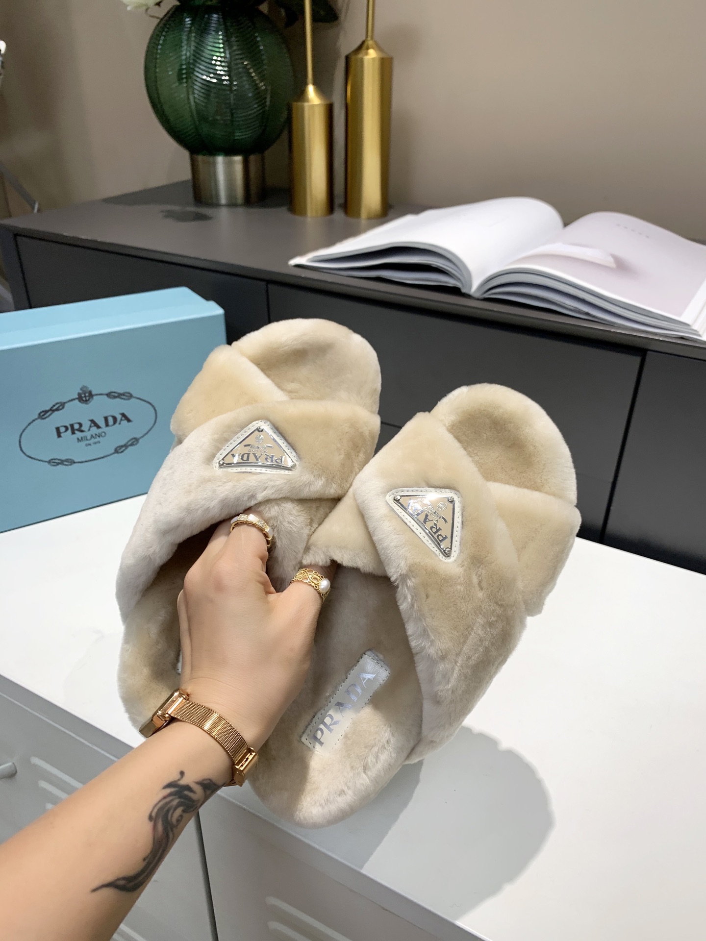 Prada Shearling Sandals Beige For Women 0.8in/20mm PRD 1XX600_173_F0379_F_ZF20