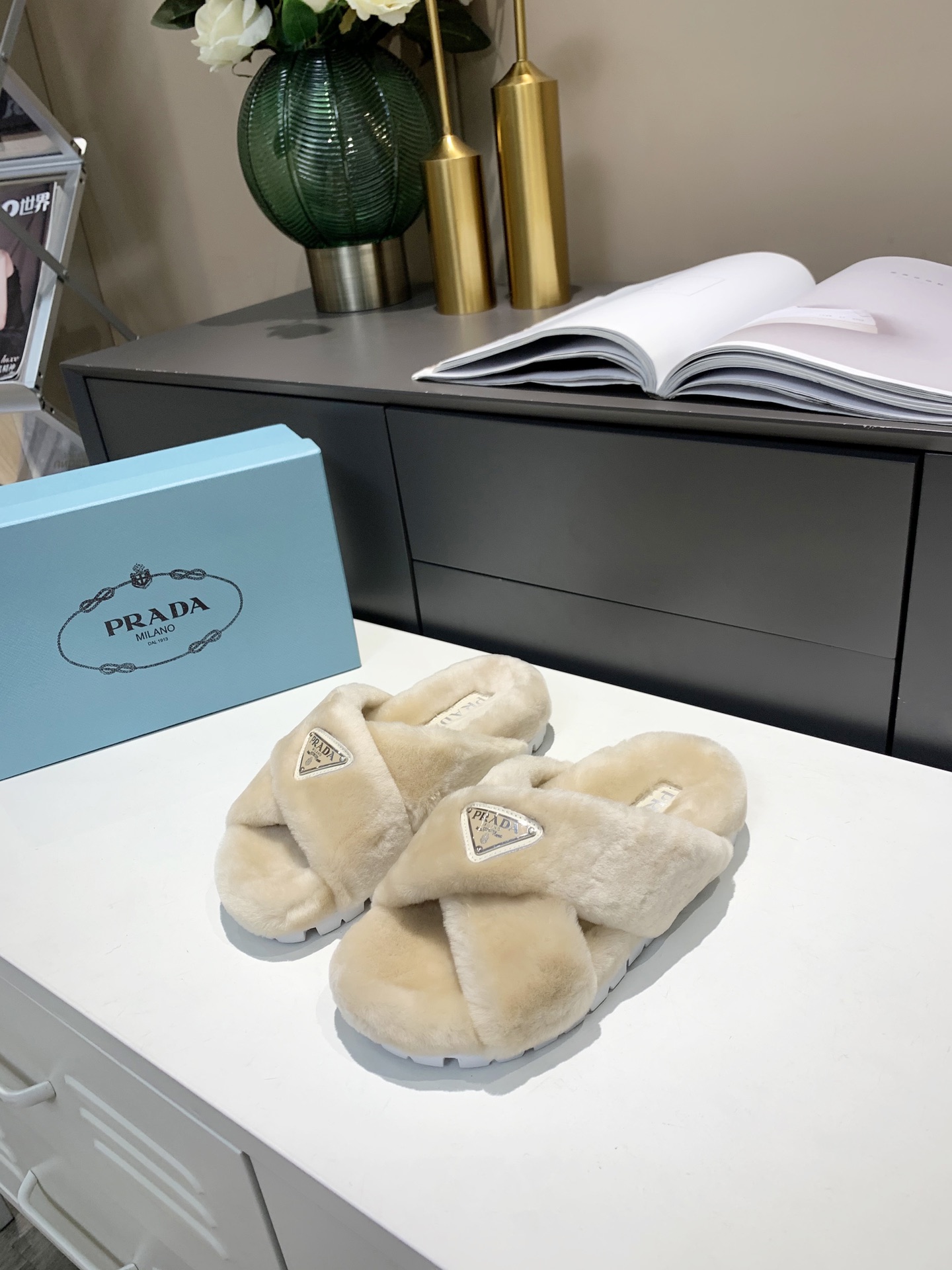 Prada Shearling Sandals Beige For Women 0.8in/20mm PRD 1XX600_173_F0379_F_ZF20