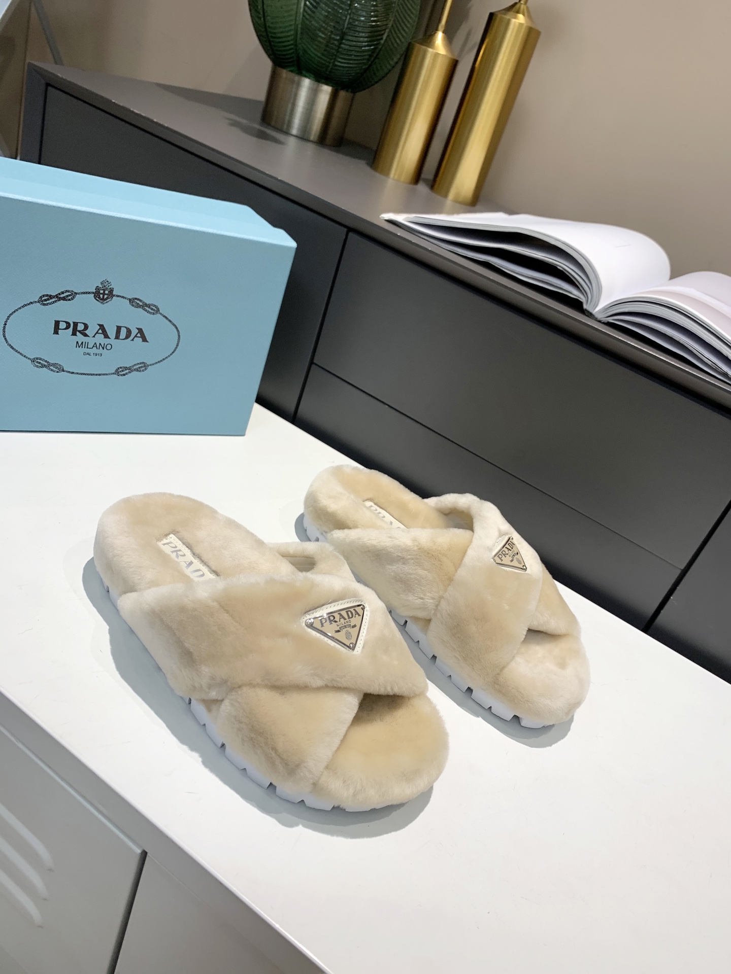 Prada Shearling Sandals Beige For Women 0.8in/20mm PRD 1XX600_173_F0379_F_ZF20