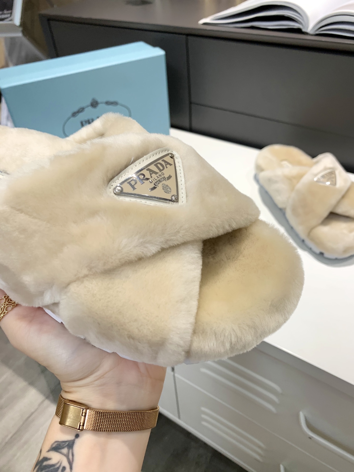 Prada Shearling Sandals Beige For Women 0.8in/20mm PRD 1XX600_173_F0379_F_ZF20