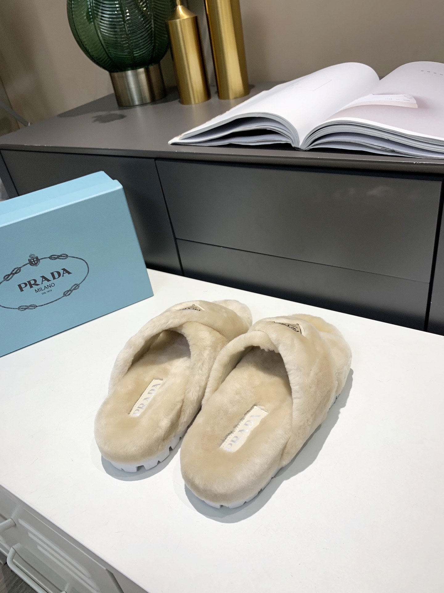 Prada Shearling Sandals Beige For Women 0.8in/20mm PRD 1XX600_173_F0379_F_ZF20