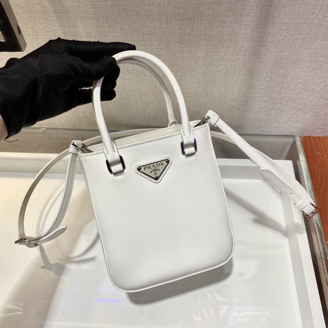 Prada Small Brushed Tote White For Women, Women’s Bags 6.9in/18cm 1BA331_ZO6_F0009_V_OOO