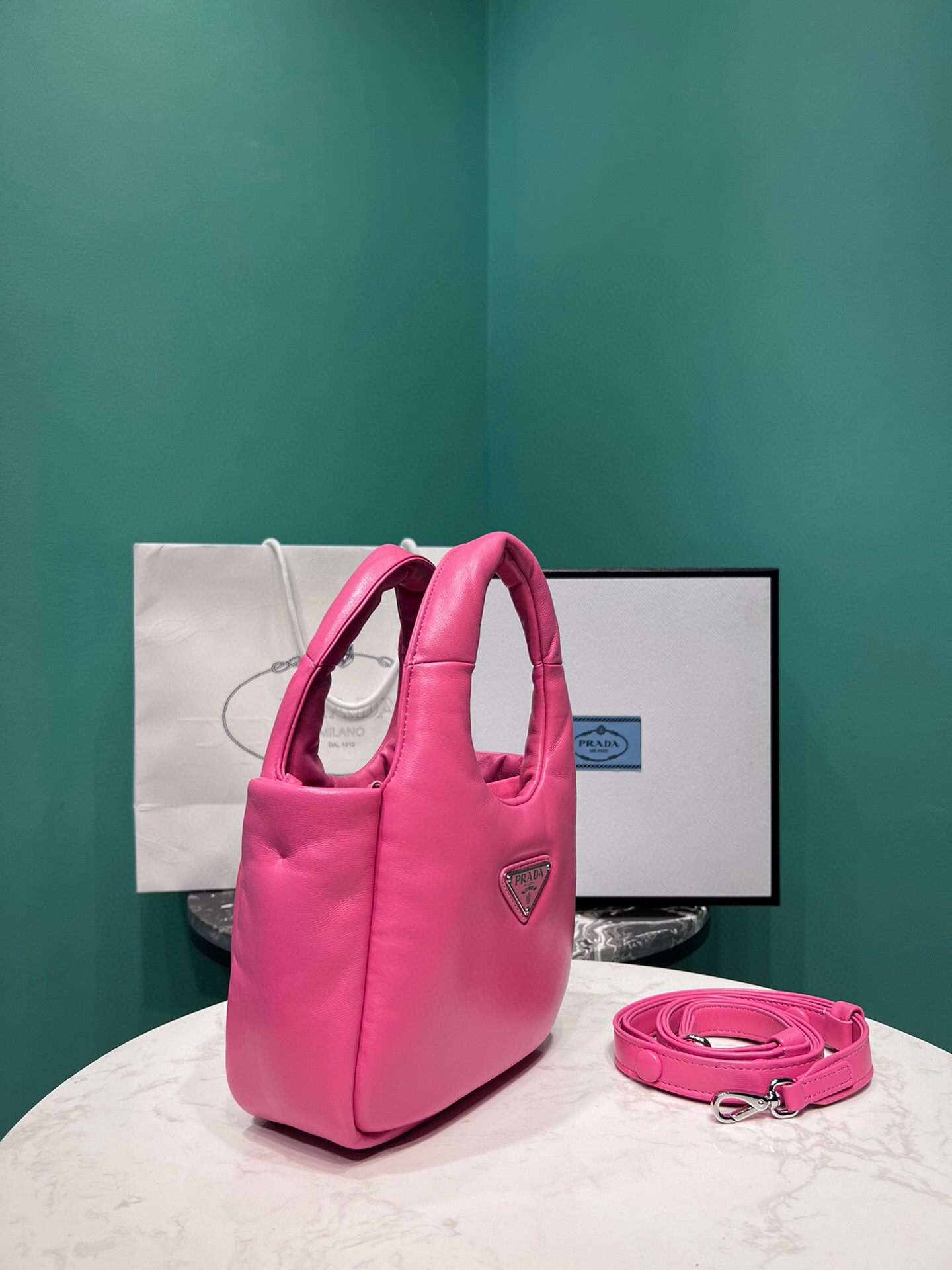 Prada Small Padded Prada Soft Nappa Bag In Pink For Women 7.1 in/ 18 cm