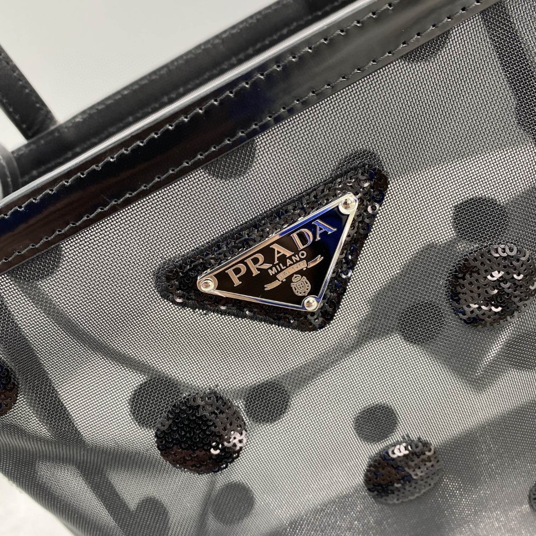 Prada Small Polka-Dot Mesh Tote Bag Black For Women, Women’s Bags 8.6in/22cm 1BG417_2DZ9_F0002_V_OOO