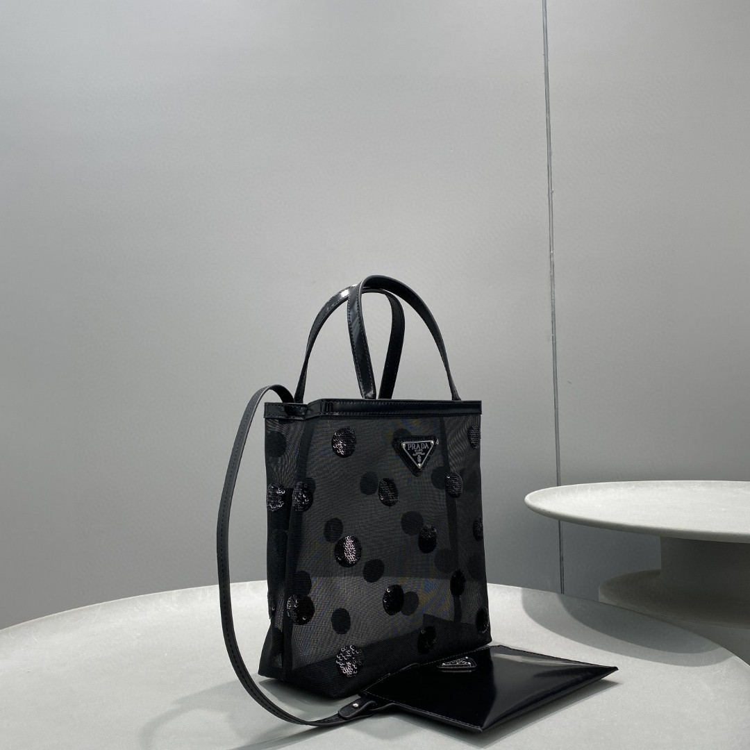 Prada Small Polka-Dot Mesh Tote Bag Black For Women, Women’s Bags 8.6in/22cm 1BG417_2DZ9_F0002_V_OOO