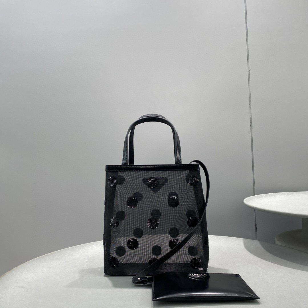 Prada Small Polka-Dot Mesh Tote Bag Black For Women, Women’s Bags 8.6in/22cm 1BG417_2DZ9_F0002_V_OOO