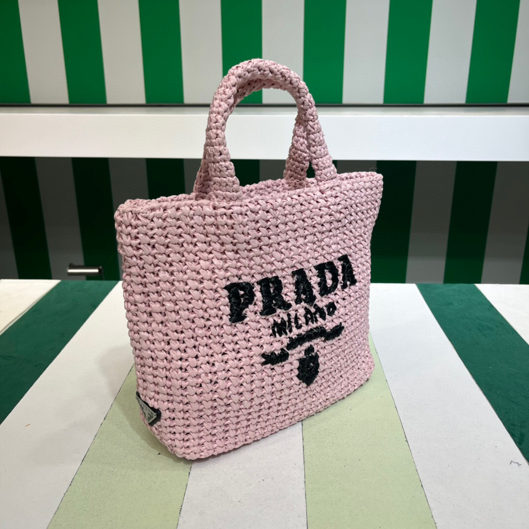 Prada Small Raffia Tote Bag In Pink/Beige For Women 9.4 in/24cm 1BG422_2A2T_F0E18_V_OOL