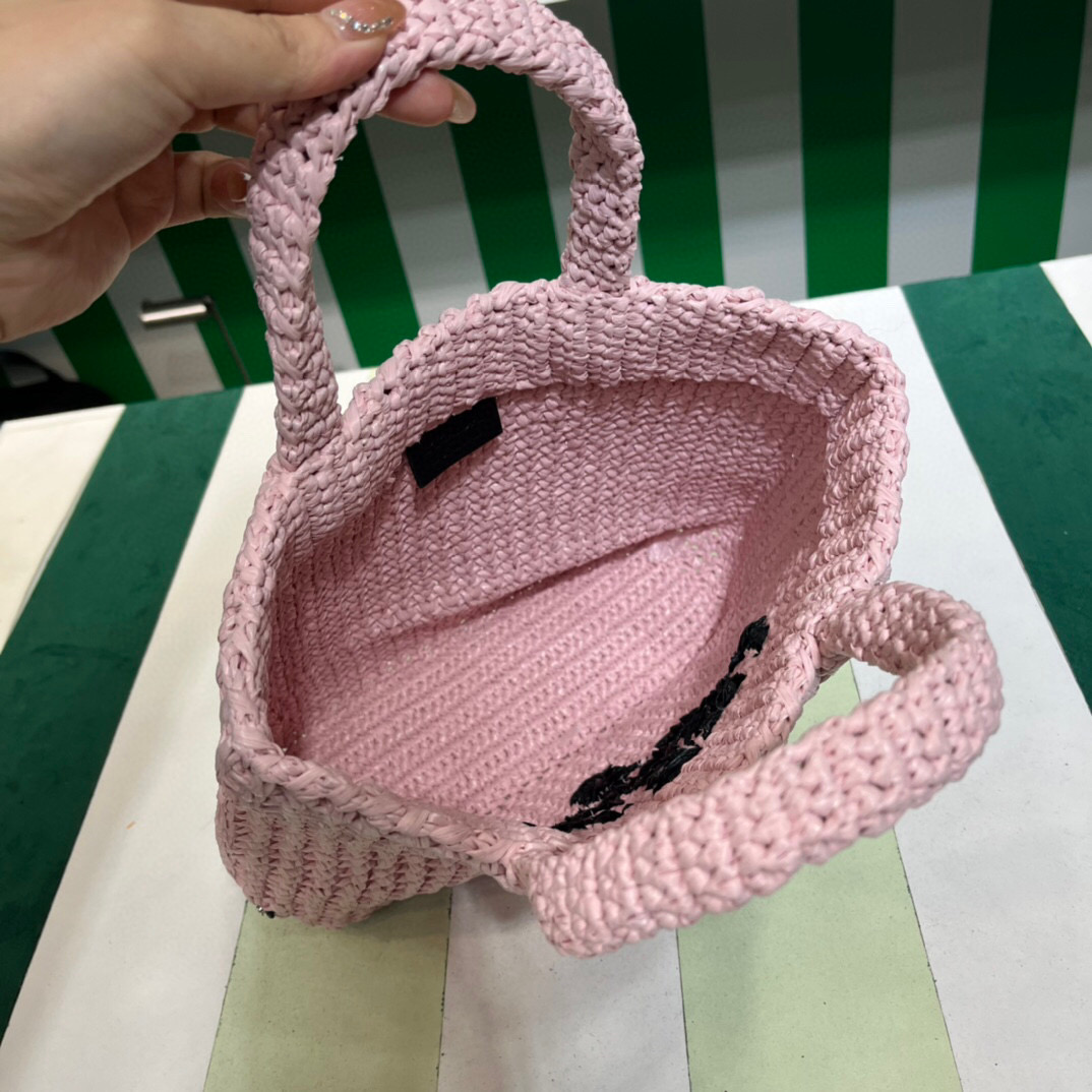 Prada Small Raffia Tote Bag In Pink/Beige For Women 9.4 in/24cm 1BG422_2A2T_F0E18_V_OOL
