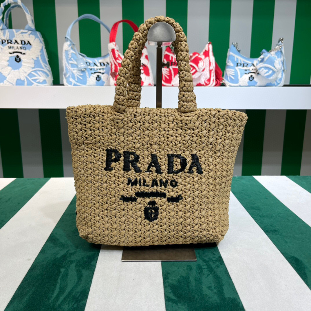 Prada Small Raffia Tote Bag In Pink/Beige For Women 9.4 in/24cm 1BG422_2A2T_F0E18_V_OOL