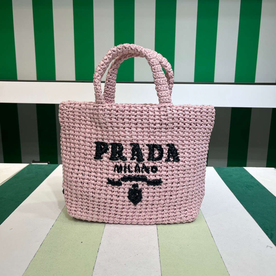 Prada Small Raffia Tote Bag In Pink/Beige For Women 9.4 in/24cm 1BG422_2A2T_F0E18_V_OOL