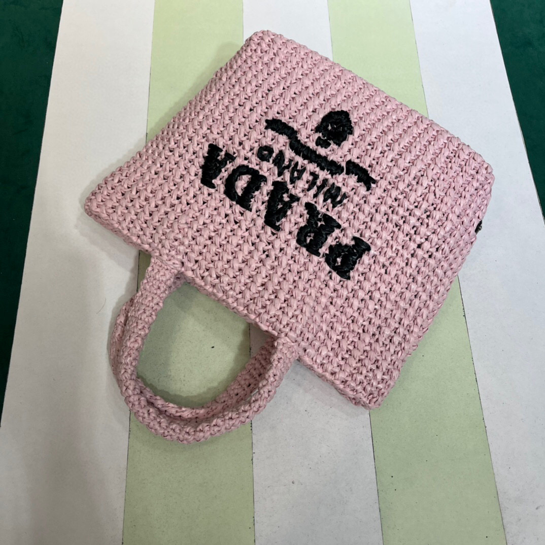 Prada Small Raffia Tote Bag In Pink/Beige For Women 9.4 in/24cm 1BG422_2A2T_F0E18_V_OOL