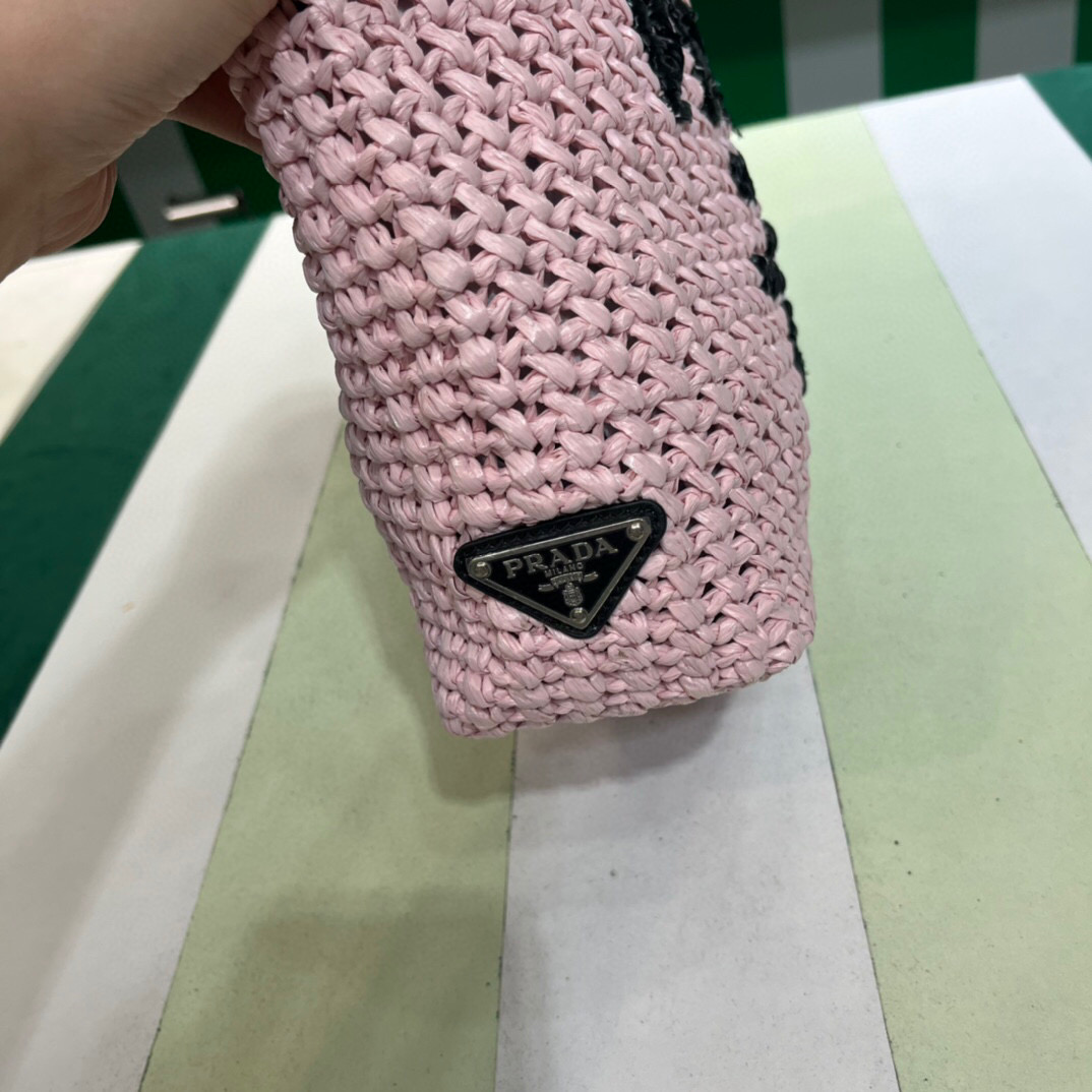 Prada Small Raffia Tote Bag In Pink/Beige For Women 9.4 in/24cm 1BG422_2A2T_F0E18_V_OOL