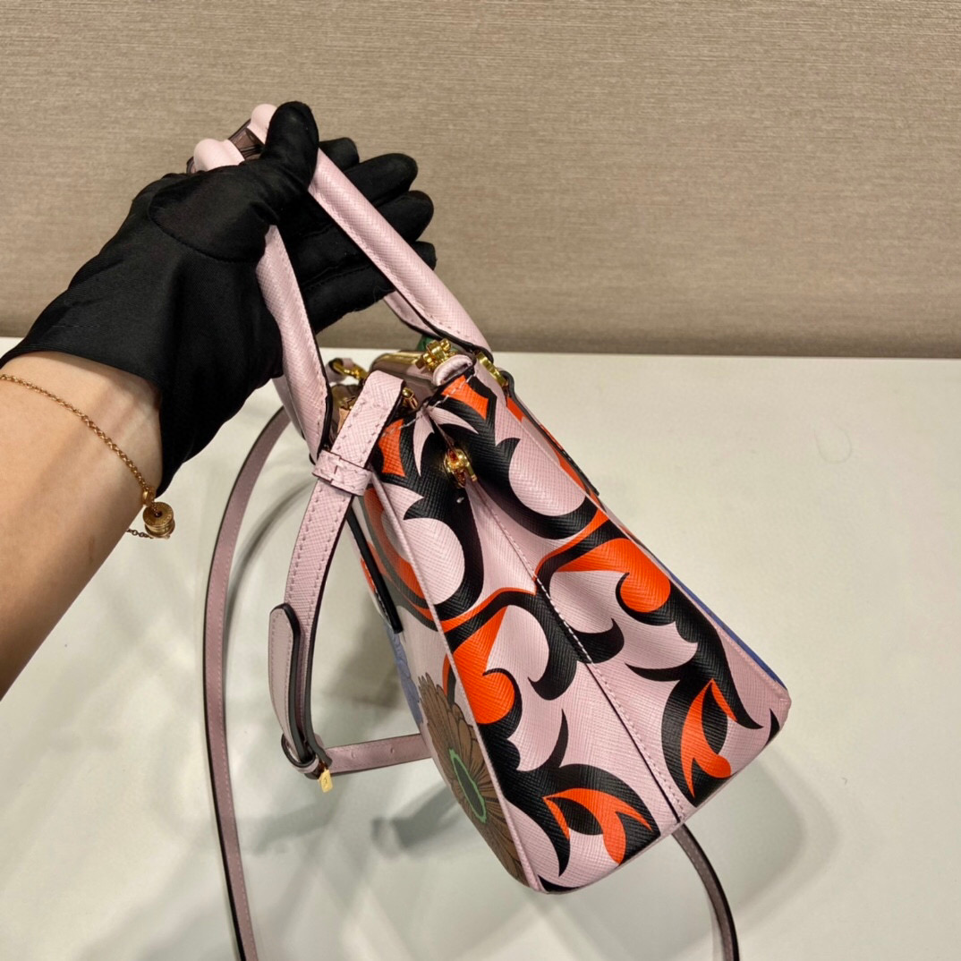 Prada Small Saffiano Double Zip With Flower Handbag In Pink For Women 9.6in/ 24.5cm